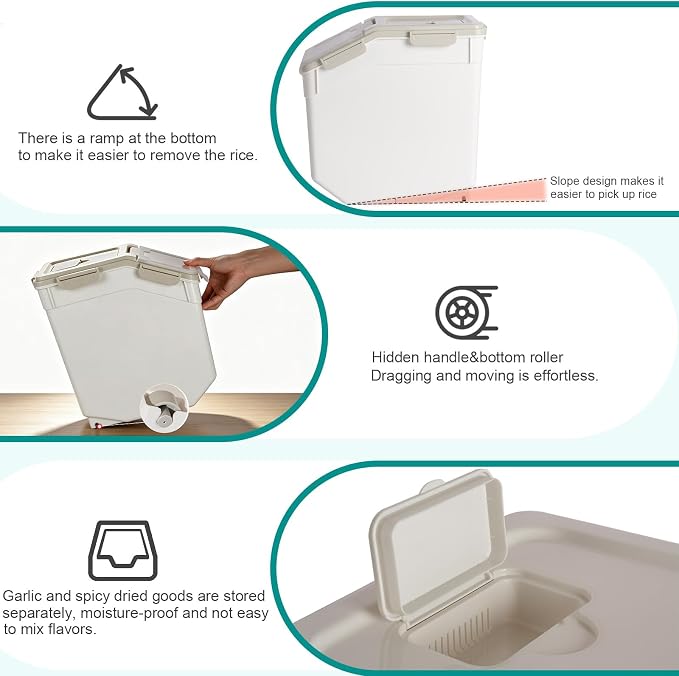 Saim 6Pack 50lb Flour & Rice Storage Container Bin, Grey | BPA free plastic with seal lid, rolling wheels and measuring scoop for rice, flour, cereal and grain one-hand scooping