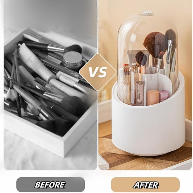 Fantasee 360° Rotating Makeup Brush Organizer, 7-Compartment Storage with Transparent Dustproof Cover, Cosmetic Tools Storage Holder for Bathroom Vanity Countertop (Classic White, Cylindrical)