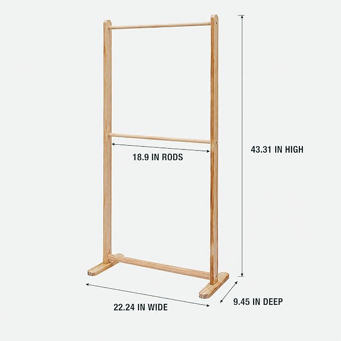 LOYALHEARTDY Wooden Pet Clothes Rack, 2-Tier Garment Display Stand | Three Hanging Rods, Lift-Out Middle Bar, T-Shaped Feet