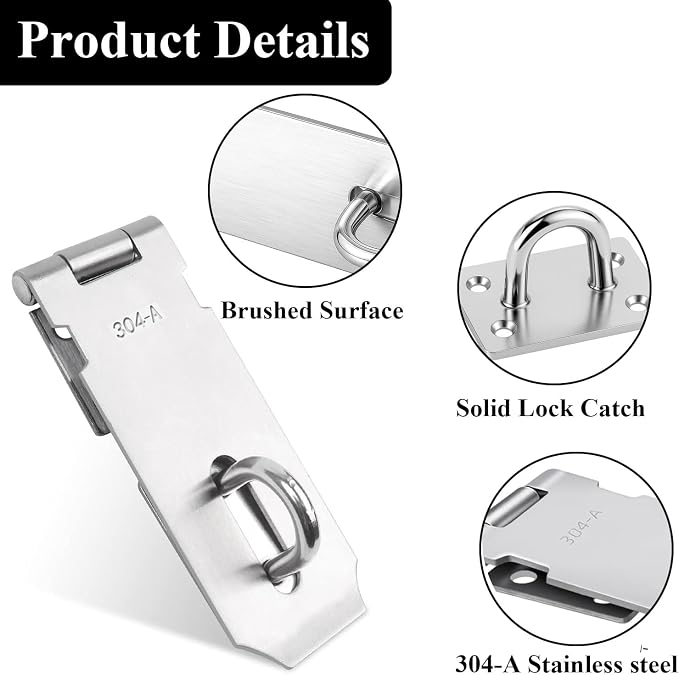 2 Pack Stainless Steel Padlock Hasp, Security Lock Latch, Heavy Duty Gate Staple for External Doors, Shed Door, Fence, Window, Cabinet, Pet Cage, Crate, Silver (3 Inch)