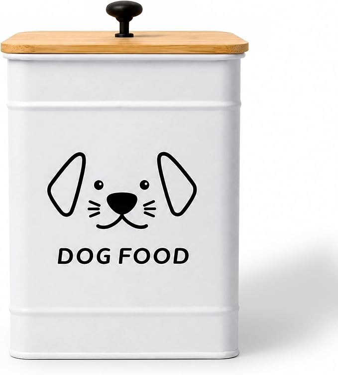 Dog Food Storage Container 25 Cups Airtight Metal Canister with Bamboo Lid | 5-7 lb Capacity, Pet-proof Lid Design, Durable Metal Body, Square Wide Opening, Pet Food Canister Dog Cookie Jar, White