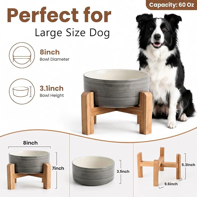 hjn Elevated Ceramic Dog Bowl with Bamboo Stand, Raised Pet Feeding Station for Small Medium Dogs Cats, Modern Design with Anti-Slip Base (White Gray, 7.6Cup)