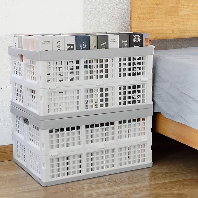 Vababa 28 L Plastic Collapsible Storage Bins, Set of 3 | Stacking Utility Foldable Basket, Collapsible Crates, Ideal for Groceries, Toys, Sundries, Household Supplies Storage