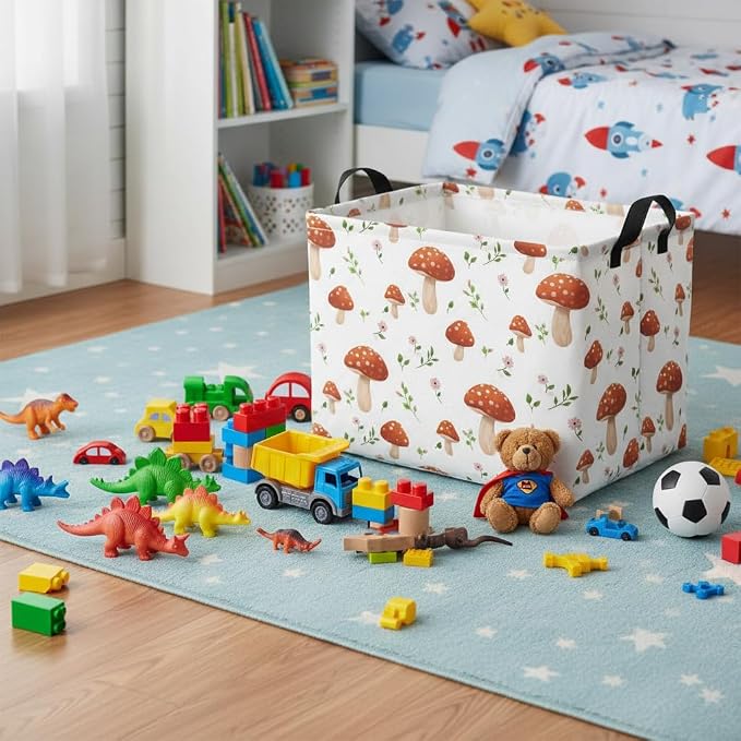 Rectangular Baby Kids Storage Basket for Home Kitchen Girls Cute Toy Storage Bin Organizer Shelf Book Room Decor(Mushroom)