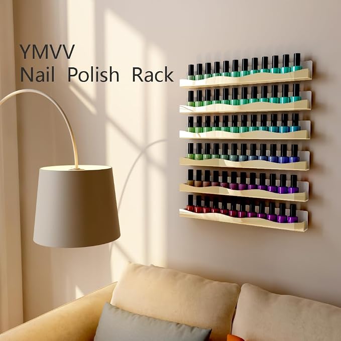 Wall-Mounted Nail Polish Organizer Rack - 15-Inch Gold Mirror Finish Nail Polish Shelf, Makeup & Beauty Essentials Storage - Multi-Purpose Display Holder for Small Space, Vanity Bathroom, 6 Pack