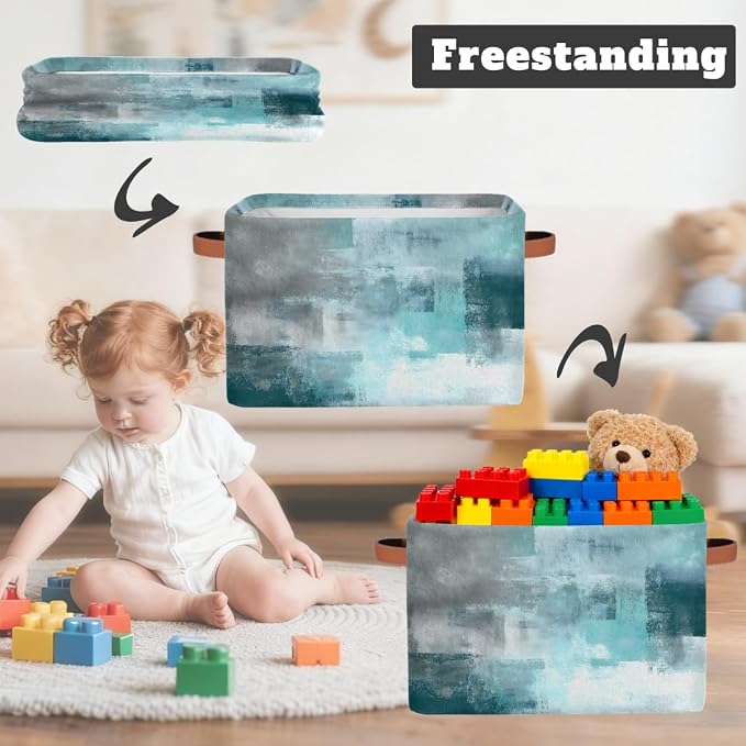 Pardick Storage Baskets Bin, Teal Grey Turquoise Collapsible Canvas Fabric Storage Bin Decorative Baskets Toy Organizer Rectangle Storage Boxes with handles for Home Shelves Nursery,Q-1