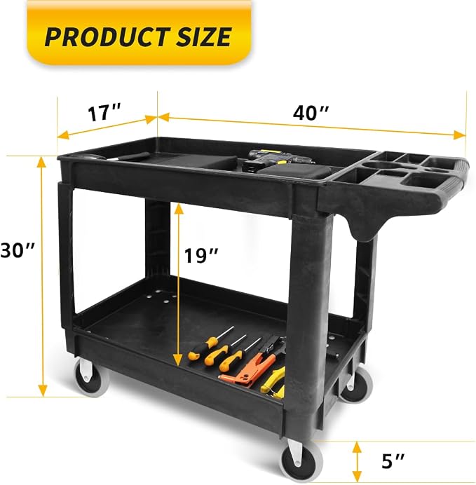 MaxWorks 50993 500-lb Utility Service PP Cart with Two Trays and Wheels 40 inch x 17 inch Overall Dimensions