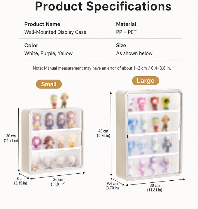 Wall-Mounted Display Case for Blind Box Figures, Clear Magnetic Door Collectible Storage Cabinet, No-Drill Figure Organizer with Shelves, Small or Large, White, Yellow or Purple(White,Large)