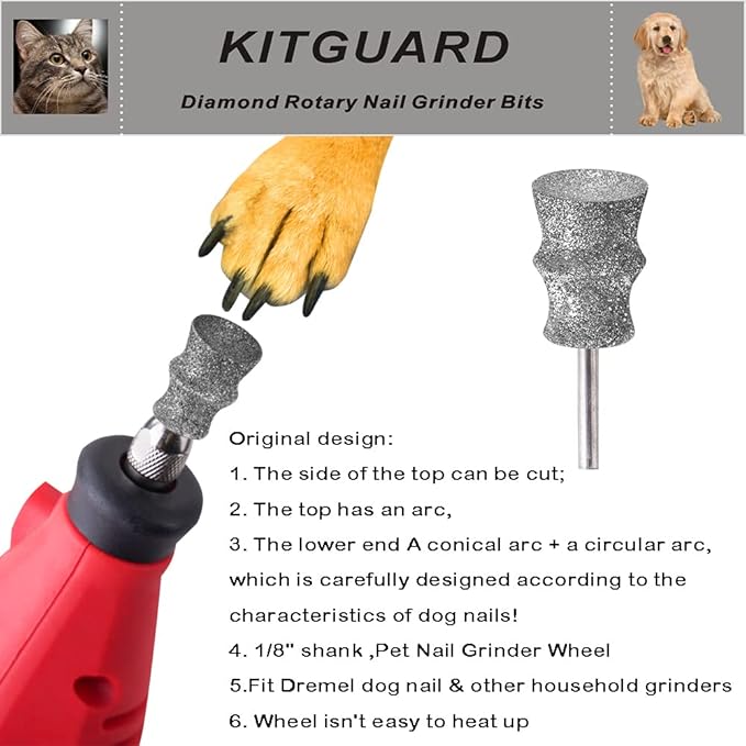 Diamond Dremel Dog Nail Grinder Bits for Rotary Tool-1/8'' Dremel Dog Nail Grinder Attachment-Pet Nail Grinder Bit Work for Animals Nail Care Large B 1P