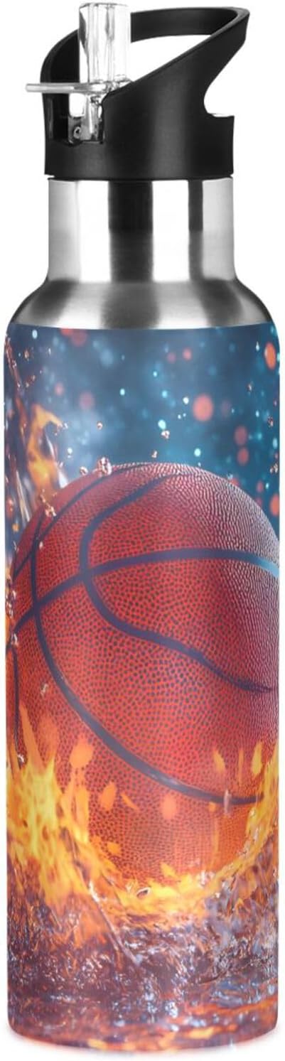 Basketball Ball Fire Water Bottle with Straw Lid Kids Insulated Stainless Steel Water Flask Sports, 20 Oz Hot Cold