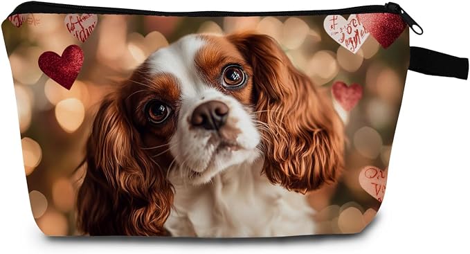 Cavalier King Charles Spaniel Makeup Bag Adorable Dog Print with Hearts Cute Cosmetic Pouch for Dog Lovers Travel Toiletry Organizer Gift for Pet Enthusiasts