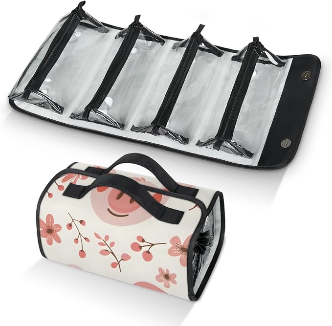 Cute Pig Faces Makeup Bag for Women Hanging Roll-Up Travel Organizer Toiletry Kit with 4 Removable Compartments, Pink Pig