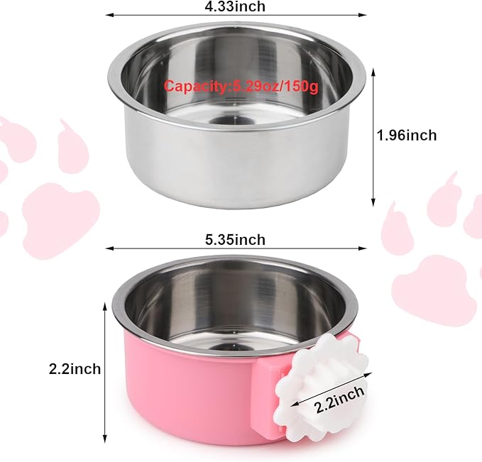 Hypeety Dog Crate Water Bowl No Spill - Hanging Attachable Pet Bowls for Kennel Durable Stainless Steel Food Water Dishes for Small Dogs Cats Rabbits Parrots with Non-Slip Base (Pink 2pcs)