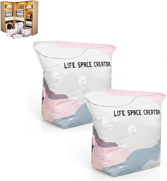 No-Pump Vacuum Storage Bags, 2026 New Reusable Space Saver Bags, 3-Sec Fast Compression, Air Tight Compression Storage Bags for Clothes, for Clothes, Comforters, Blankets (2PCS, Medium)