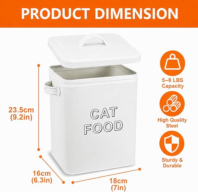 Morezi Metal Cat Food Container with Scoop 5-7 lb, Airtight Pet Food Bin | 25 Cups Cat Kibble Canister with Food Scoop, Sturdy Iron Body, Powder Coated, Airtight Bamboo Lid, Two Side Handle-White