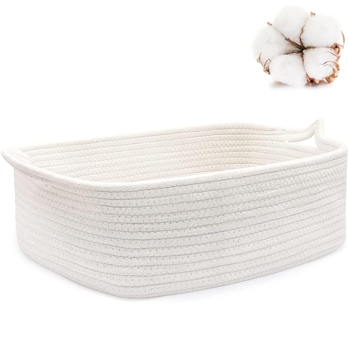 ABenkle Small Storage Basket with Handles, Cotton Rope Woven Dog Cat Toy Bin, Decorative Shelves Closet Organizing for Nursery Laundry Bedroom, 14.2''x 11''x 5.1''