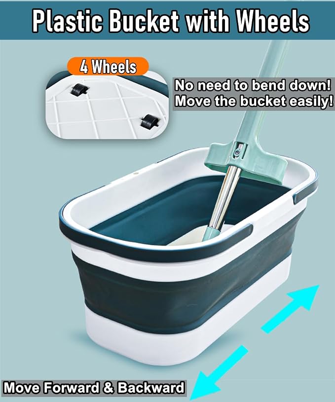Collapsible Mop Wash Basin Bucket with Handle and Wheels, 12L (3.2 Gallon) Portable Plastic Basket Crate Tub for Storage Organization, Foldable Water Bin Container for Cleaning, Car Washing, Blue
