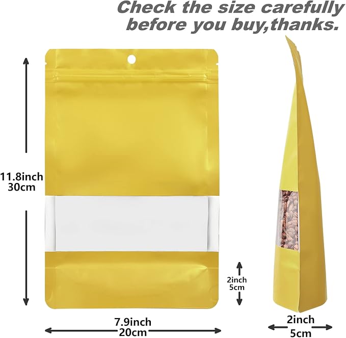 150 Pack Stand up Matte Metallic Storage Bags with Clear Front Window Heat-Sealable Resealable Solid Color Pouches for Food Storage Containers Organizer(Gold,7.9 * 11.8 inch,Pack of 150)
