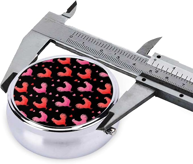 Travel Medicine Box, Rooster Chicken Bird Love Heart Floral Pink Black Round Small Organizer, Metal Pill Case for Fish Oil, Portable Dispenser Purse Pocket for Commuters