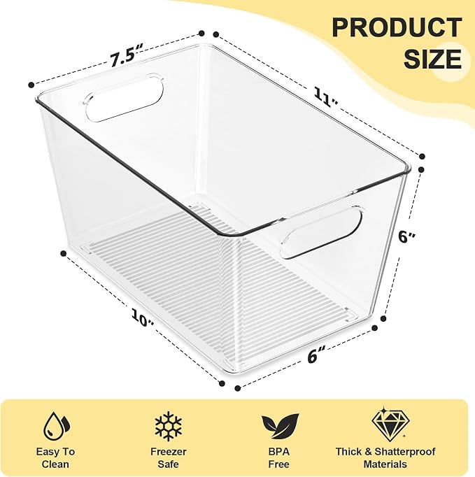8 Pack Large Clear Plastic Storage Bins, Kitchen &Pantry Organizer | Heavy-duty 450g BPA-free PETG containers with handles for fridge, under-sink, bathroom, office, closet, and garage storage