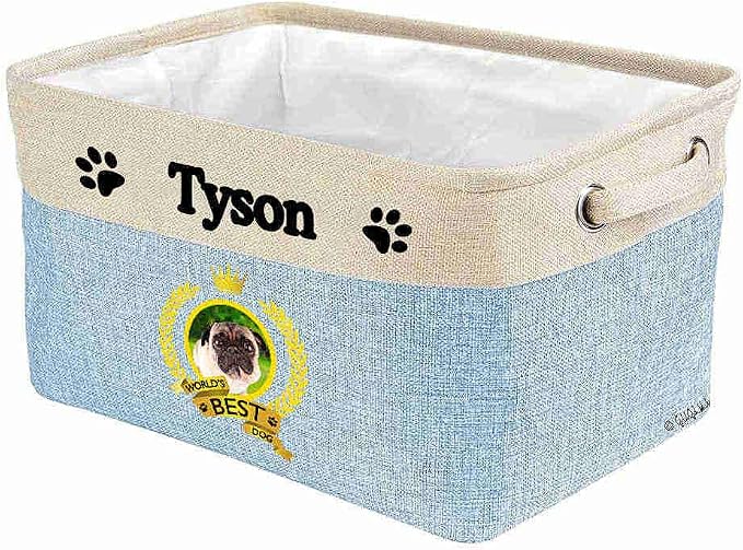 Custom Name Collapsible Dog Toy Storage Basket Bin World's Best Dog Cute Pug Hound Foldable Pet Toy Box Closet Shelf Baskets Organizer for Bedroom Home Dog Cat with Handles Blue