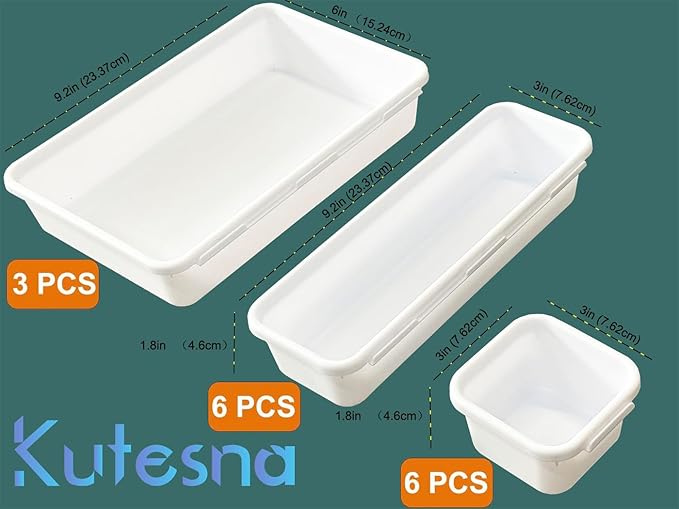 Kutesna 15PCS Interlocking Drawer Organizer, Plastic Desk Organizer Set | 3-Size Versatile Storage Bins,BPA-free, Non-slip, Fits Any Drawer for Cosmetics, Bathroom, Tools, Kitchen and Office, White