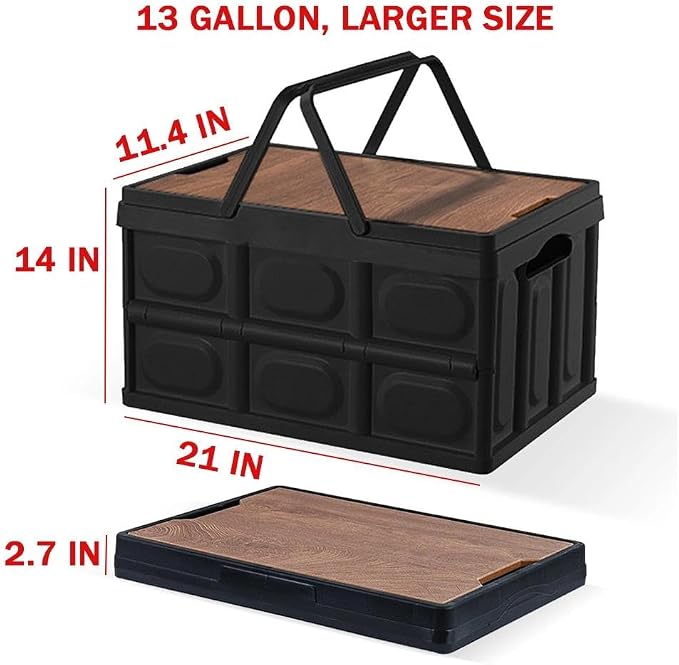2 PSC Collapsible Storage Box with Lid, 13 Gallon Foldable Storage Bin with Wood Grain Top, Portable Organizer Tote with Handles for Car Trunk, Camping, RV, Grocery Shopping, Home Storage, Black