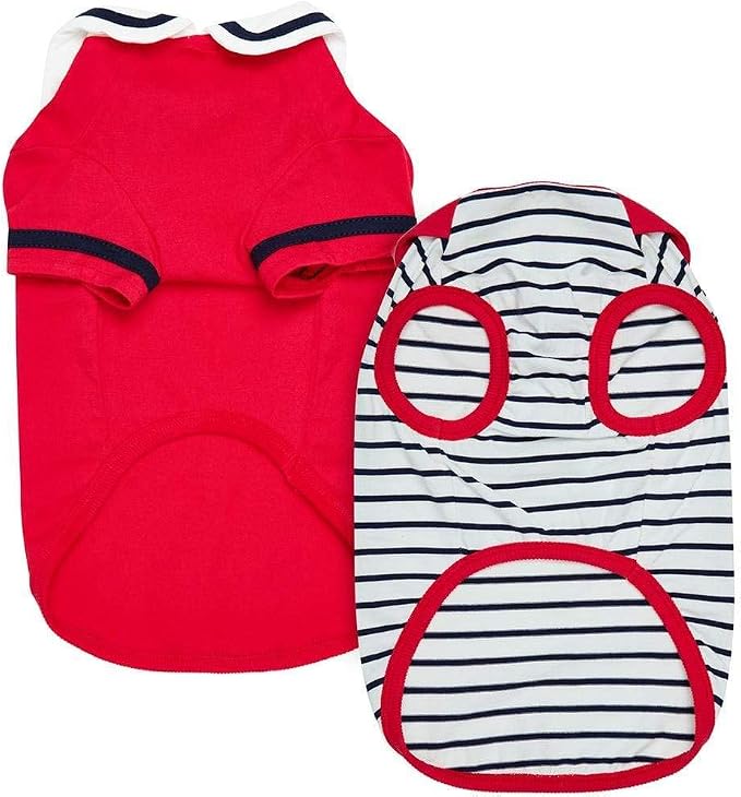 Blueberry Pet Soft & Comfy Summer Vacation Beach Cotton Dog T-Shirts, Cerise Red, 2 Pack, Sailor Suit Shirts Tank Top Clothes, Back Length 14", for Small Medium Dogs