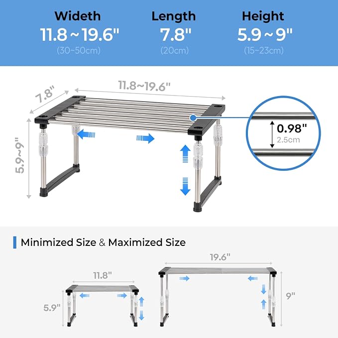 carrotez Set of 1 Expandable Cabinet Organizer 11.8~19.6 x 7.8 x 6~9 Black | Width & Height-adjustable Kitchen Cabinet Organizer Shelf, Stackable Kitchen Counter Shelf