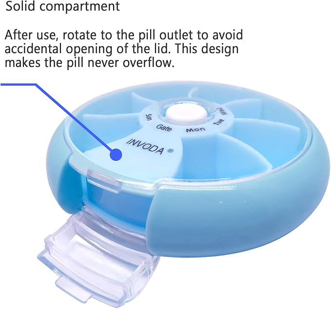 2PCS INVODA Weekly Pill Organizer 7 Compartment Rotating Pill Box for Daily | Cute Round Pill Organizer Fit purse pocket or backpack Portable Travel Pill Case for Fish Oil Supplements Vitamins Medication