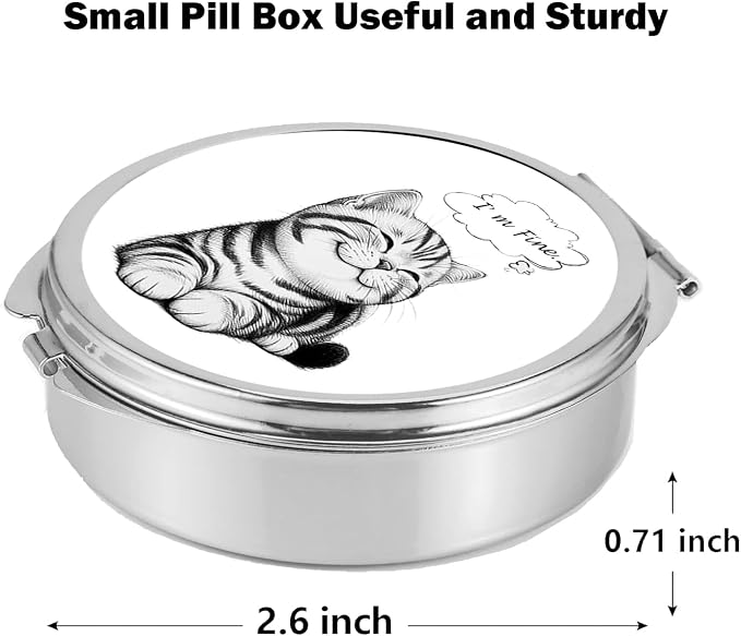Small Pill Box 3 Detachable Compartments Pill Case with Mirror 2.4inches Pocket Round Medicine Organizer, Mini Portable Pill Organizer for Pocket Purse& Travel Convenience-Cute Black White Lovely Cat