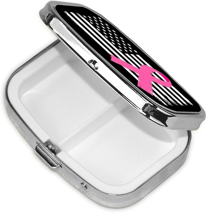 Breast Cancer Awareness Pink Ribbon American Flag Pill Box 2 Compartment Medicine Pill Case Portable Pill Box for Pocket or Purse Pill Box