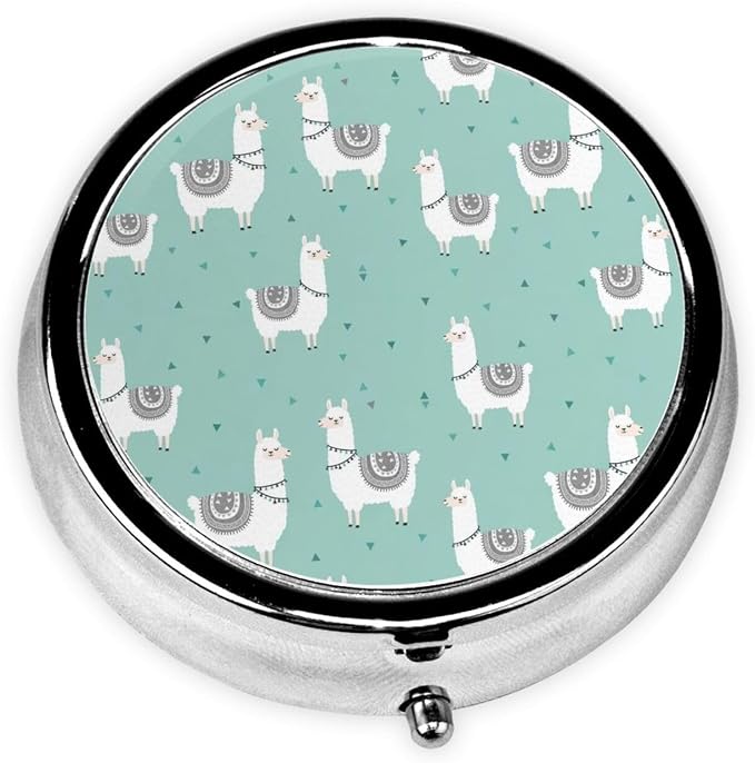 Travel Medicine Box, Llama Animal Cartoon Round Small Organizer, Metal Pill Case for Fish Oil, Portable Dispenser Purse Pocket for Commuters