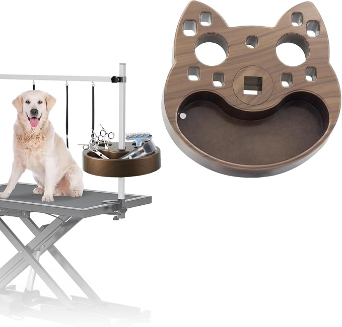 Pet Grooming Organizer for Scissors Brushes and Tools Holder - Portable Rotatable Dog Grooming Table and Arm Stand Tools(Wood Grain Cat Head)