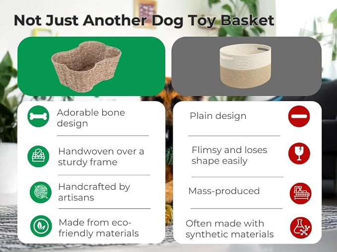 OtterPets Dog Toy Basket, Seagrass Bone Shaped Dog Toy Bin, 17x13” | Handmade dog toy box, dog toy storage, dog basket, basket for dog toys, dog storage, 17 x 13 in