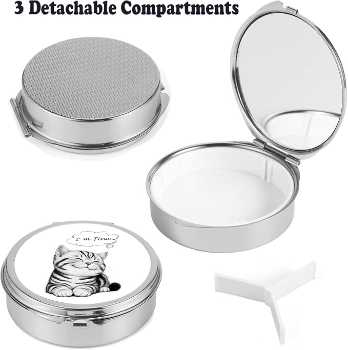 Small Pill Box 3 Detachable Compartments Pill Case with Mirror 2.4inches Pocket Round Medicine Organizer, Mini Portable Pill Organizer for Pocket Purse& Travel Convenience-Cute Black White Lovely Cat