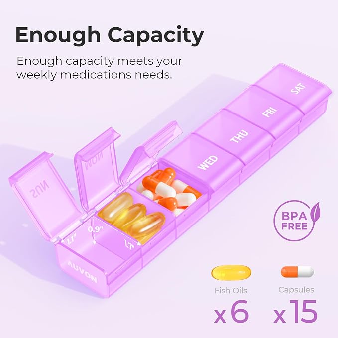 AUVON Weekly Pill Organizer with Effortless Opening Design, BPA-Free | Arthritis Friendly Pill Box, Cute Pill Organizer 7 Day, Portable Pill Case for Vitamins, Supplements and Medications, Purple