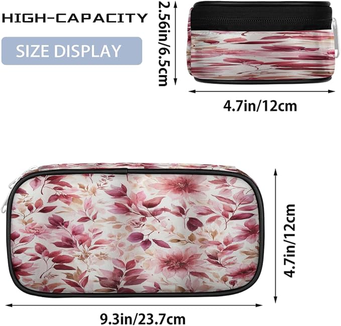 Pencil Case Large Capacity Pencil Bag Watercolor Pink Red Leaf Flower Pouch Box Organizer Pen Case, School Supplies for Teen Adult