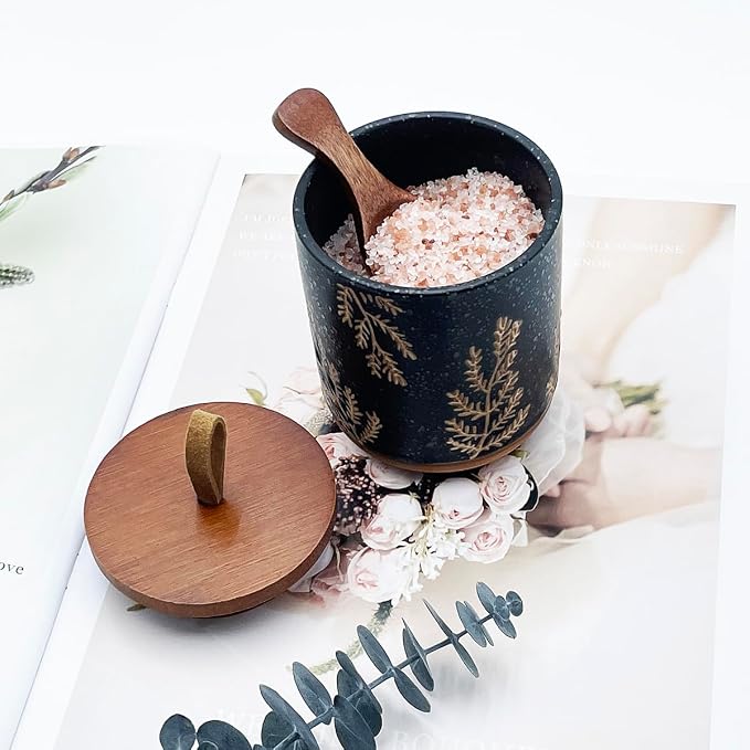 10oz Ceramic Airtight Food Storage Container with Wooden Spoon for Sugar,Matcha,Salt,Coffee,Spices,Cat Treat,Loose Leaf Tea(Black Botanical Fern Pattern)