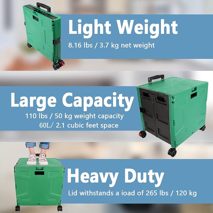 Foldable Shopping Utility Cart Portable Rolling Crate Handcart with 360°Rotate Wheel,Hidden Lid,Telescoping Handle Collapsible for Travel Shopping Moving Storage Office Use(DarkGreen)