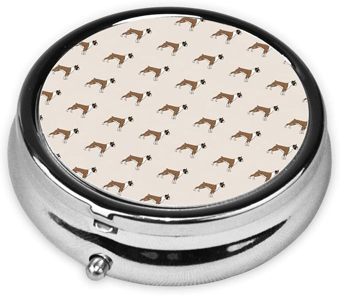 Mini Pill Dispenser, Boxer Dog Pattern Dog Lover Pet Round Sturdy Case, Travel Organizer for Supplements, Pocket Purse Container for Business Trips