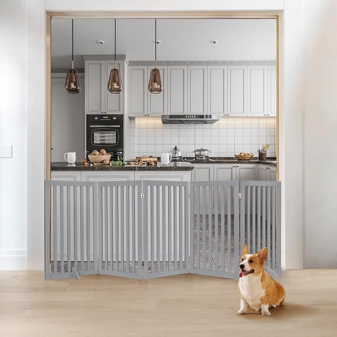 unipaws 36”H Free Standing Pet Gate for Dog Cat, 100”Wide Wooden Dog Gates | Foldable Pet Fence for Doorway, Stairs, Step, Expandable Doggy Barrier, Indoor Use