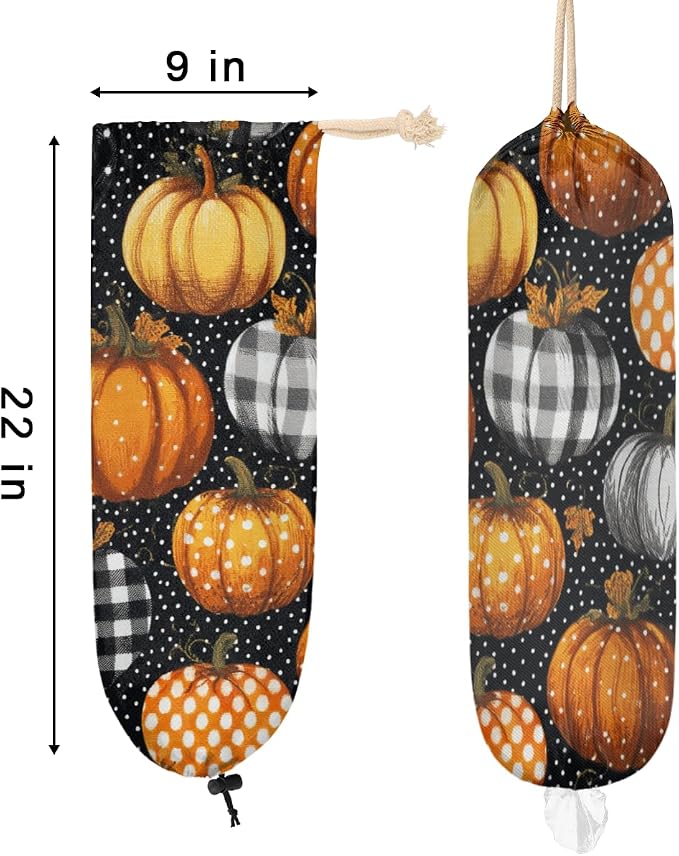 Autumn Pumpkin Plastic Bag Holder Polka Dots Grocery Bag Storage Dispenser Washable Hanging Shopping Bags Carrier Reusable Wall Mount Trash Bag Organizer for Kitchen Pantry