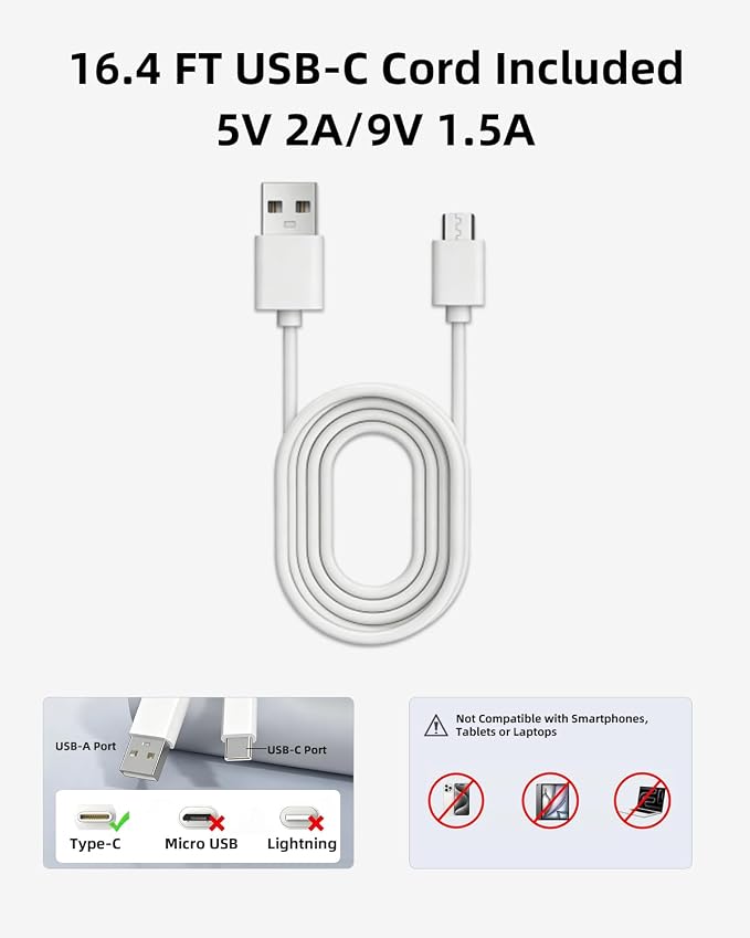 Universal Baby Monitor Camera Mount Kit with Type-C USB Extension Cable | Fits Most Baby Monitors/Home Security Camera, 1/4"-20 Male Thread, 16.4ft USB C extension cable, 20PCS Cable Clips Included