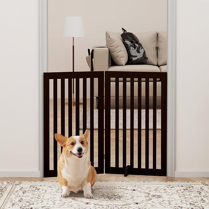 unipaws 36”H Free Standing Pet Gate for Dog Cat, 40”Wide Wooden Dog Gates | Foldable Pet Fence for Doorway, Stairs, Step, Expandable Doggy Barrier, Indoor Use