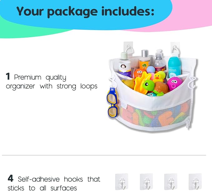Mesh Bath Toy Holder Organizer – The Perfect Corner Bathtub Toy Storage & Bathroom or Shower Caddy – This Multi-use Net Bag Makes Baby Bath Toy Storage Easy – For Kids & Toddlers