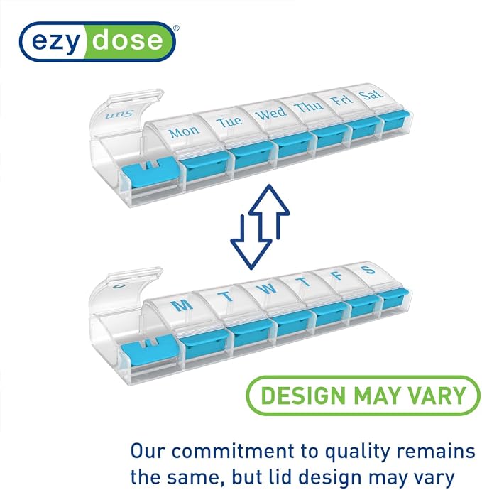 Ezy Dose Weekly (7-Day) Pill Organizer, X-Large Medicine Case, Blue/Clear | Daily Vitamin & Supplement Planner, Spacious Push-Button Compartments, Convenient & Easy to Use, Travel-Friendly, BPA-Free