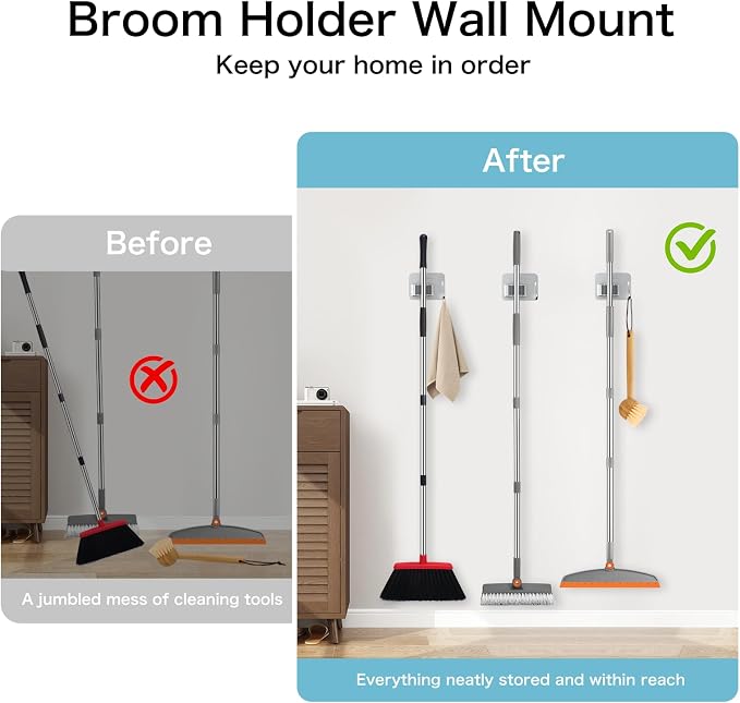 nacena 4 Pack No Drill Self Adhesive Broom Mop Holder Wall Mount with Hooks, Heavy Duty Stainless Steel Organizer for Kitchen Bathroom Garage Storage,Silver