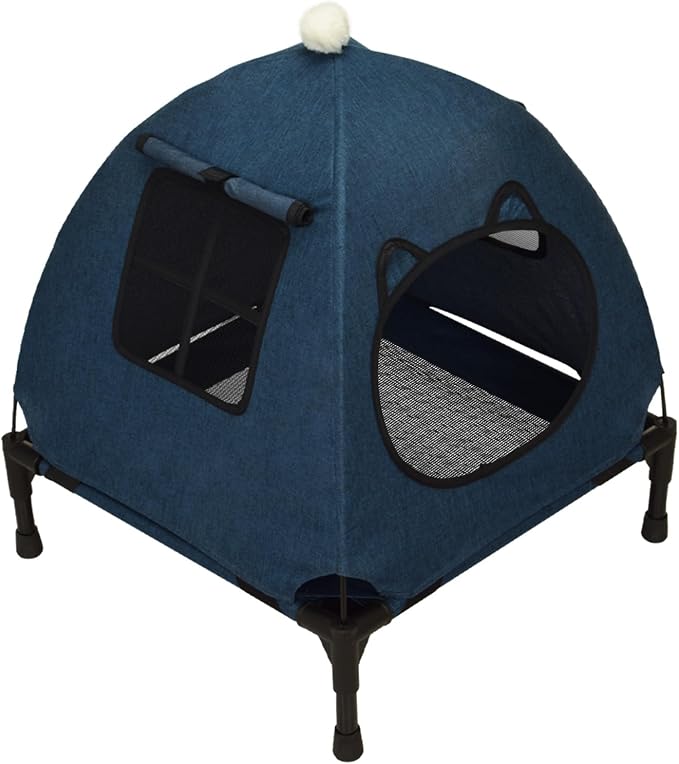 Pozico Elevated Pet Bed with Breathable Mesh for Small Cat and Dog, Raised Cooling Pet Cot for Puppy and Kitty, 18.9x18.9 inch (Navy Blue Bed with Canopy)