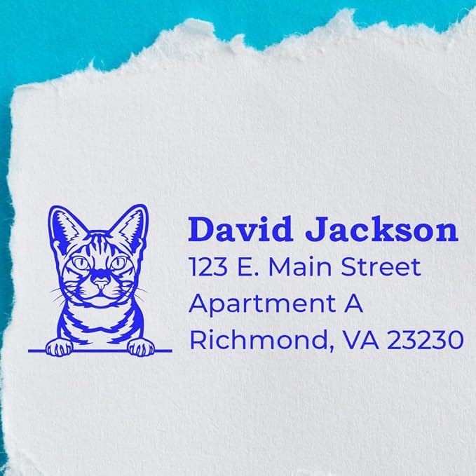 Peeking Ocicat Wood Handle Address Stamp - Personalized Rubber Stamp | Personalized Address Stamp Ocicat. Personalised Address Stamp for Cat Dads. 7/8 by 2-1/4 inch imprint. Nothing to dry out.